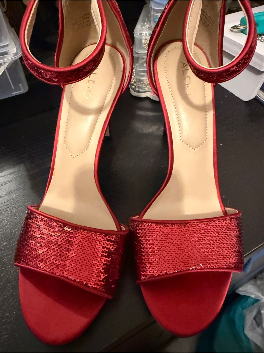 Aldo Red Sequin Ankle-Strap Heels